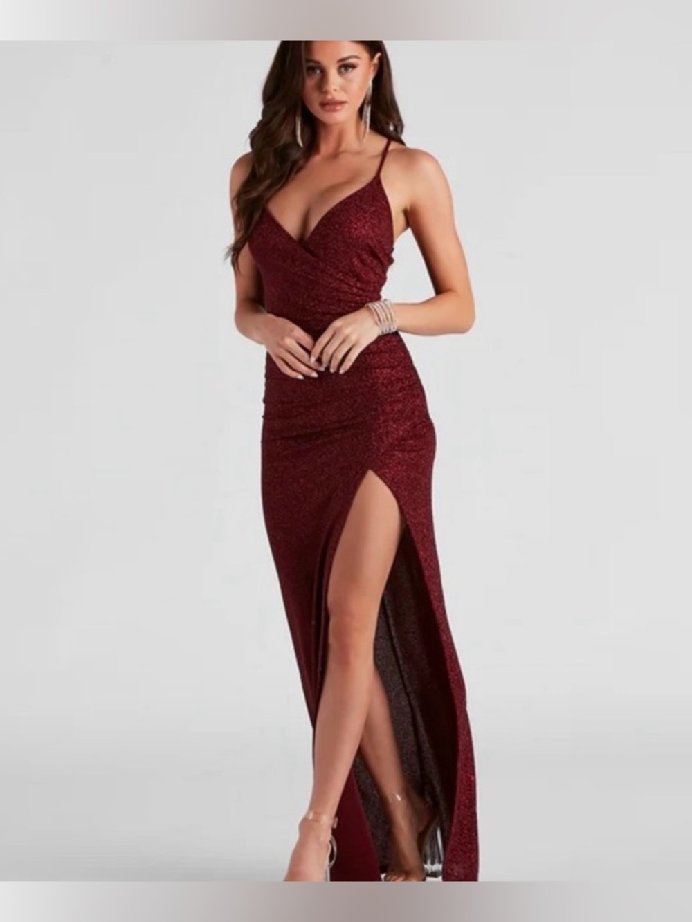 Lovely Day Burgundy Glitter Wrap Maxi Dress with High Slit
